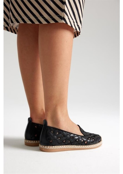 Green Mod 923 Kadın Hasırlı Nakışlı Espadril Babet Siyah