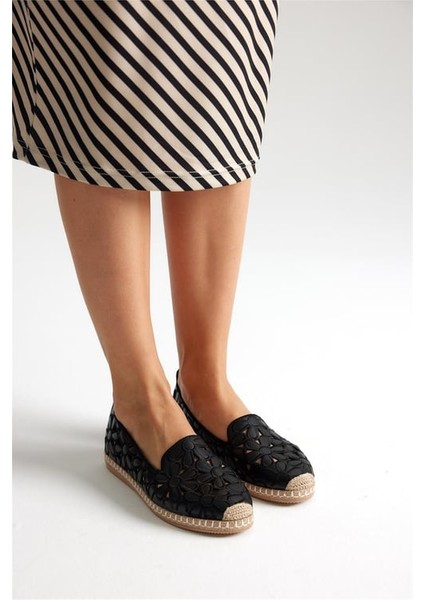 Green Mod 923 Kadın Hasırlı Nakışlı Espadril Babet Siyah