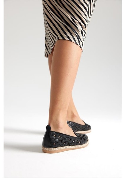 Green Mod 923 Kadın Hasırlı Nakışlı Espadril Babet Siyah