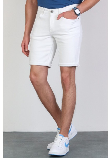 Erkek Beyaz Slim Kesim Comfort Likralı Denim Esnek Jeans Kot Şort Thomas-Beyaz Beyaz 32