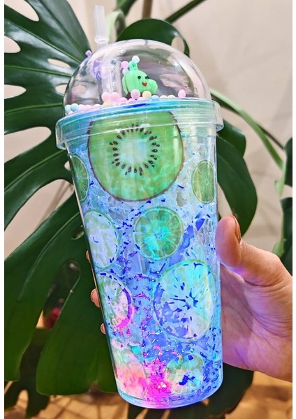 Limon Kiwi Suluk Pipetli Buzlu Cam Görünümlü LED Işıklı 450 ml Çift Katman Mika 2768