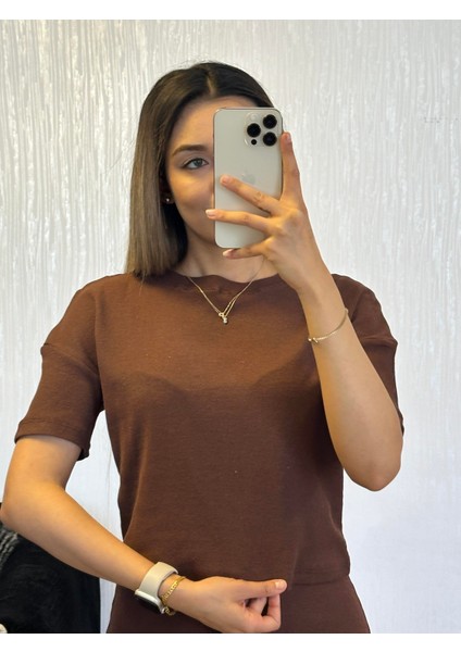 Fitilli Esnek Kumaş Basic Takım Kahverengi