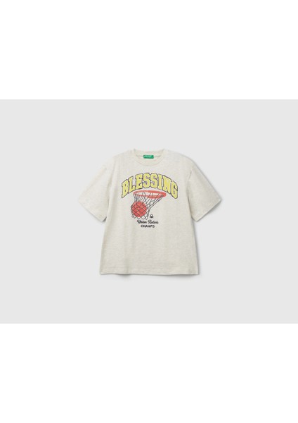 Erkek Çocuk Basketbol Baskılı Tshirt 6-14 Yaş Gri