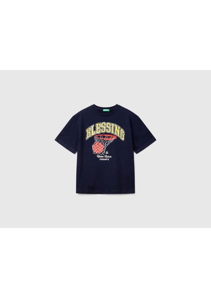 Erkek Çocuk Basketbol Baskılı Tshirt 6-14 Yaş Lacivert