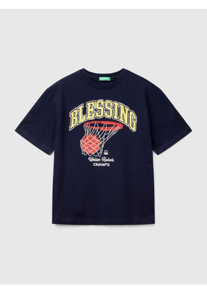 Erkek Çocuk Basketbol Baskılı Tshirt 6-14 Yaş Lacivert