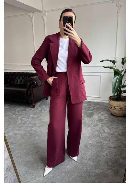 Kruvaze Düğmeli Keten Takım- Bordo