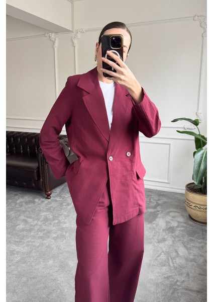 Kruvaze Düğmeli Keten Takım- Bordo