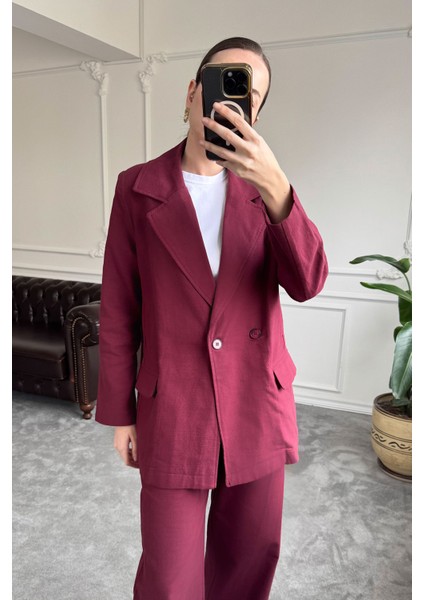 Kruvaze Düğmeli Keten Takım- Bordo
