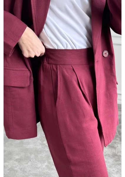 Kruvaze Düğmeli Keten Takım- Bordo
