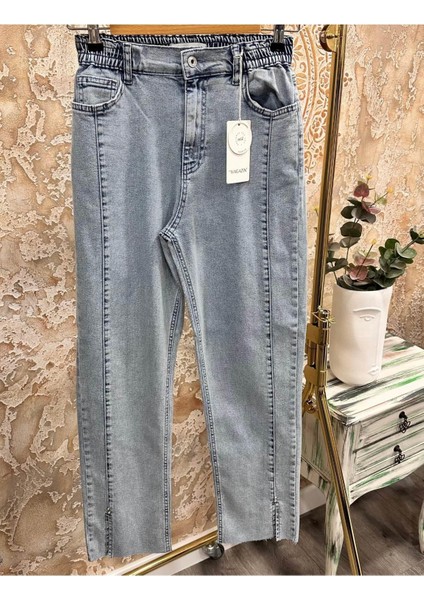 Yırtmaç Detaylı Likralı Kadın Denim Pantolon - Mavi