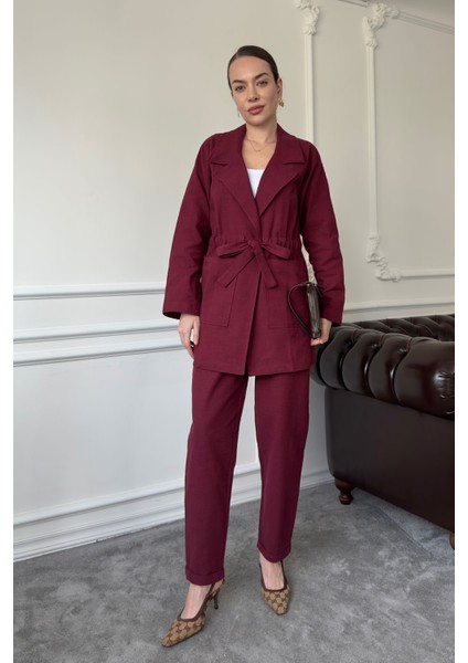Bağlamalı Keten Takım- Bordo