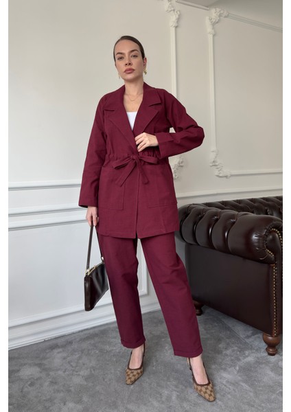 Bağlamalı Keten Takım- Bordo modelleri