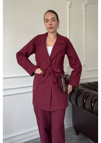 Bağlamalı Keten Takım- Bordo fırsatları