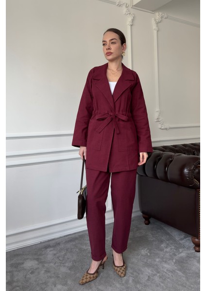 Bağlamalı Keten Takım- Bordo indirimleri
