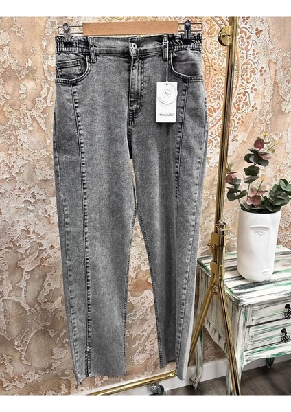 Yırtmaç Detaylı Likralı Kadın Denim Pantolon - Gri