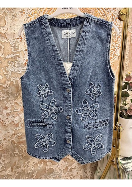 Arkası Yırtmaç Detaylı Kadın Denim Yelek - Mavi
