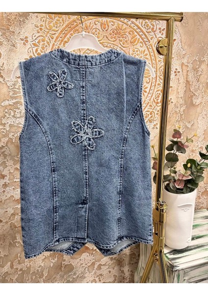 Arkası Yırtmaç Detaylı Kadın Denim Yelek - Mavi