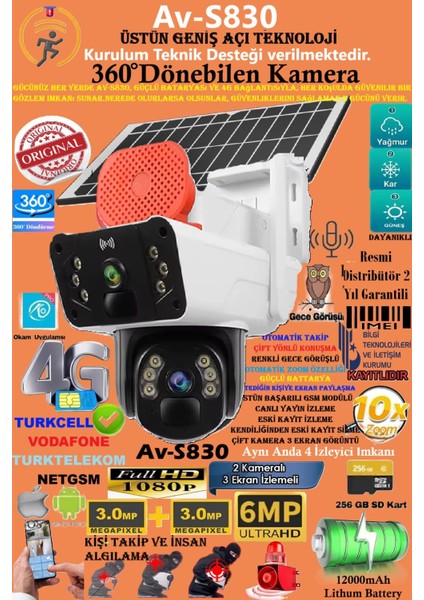AV-S830 Güneş Enerjili Sim Kartlı 4g 6mp Solar Güvenlik KAMERASI,10X ZOOM,360 Güçlü Batarya