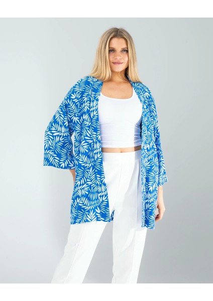 Çiçek Desen Mavi Kimono