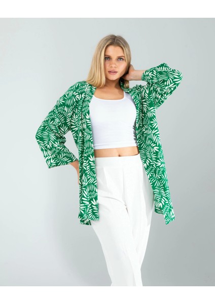 Çiçek Desen Yeşil Kimono