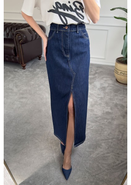 Önü Yırtmaçlı Denim Etek- Mavi