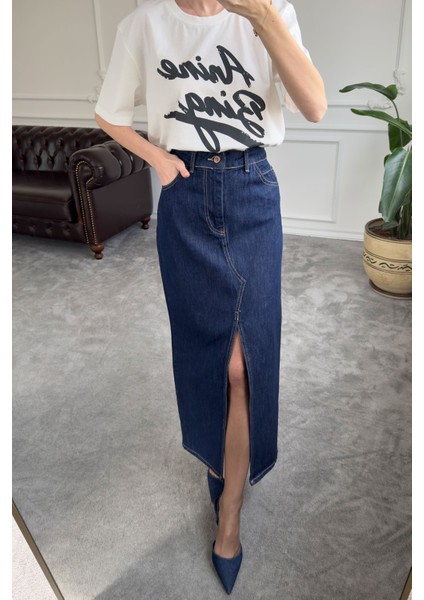 Önü Yırtmaçlı Denim Etek- Mavi fiyatları