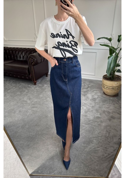 Önü Yırtmaçlı Denim Etek- Mavi modelleri