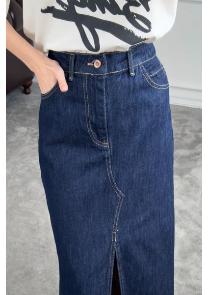 Önü Yırtmaçlı Denim Etek- Mavi fırsatları