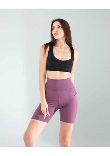 Lila Fitilli Push Up Toparlayıcı Biker Spor Tayt