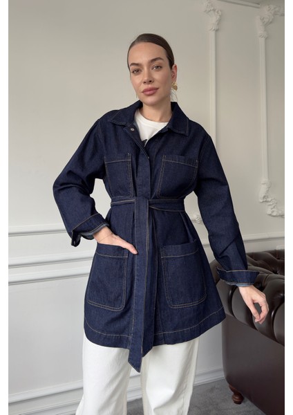 Dört Cepli Oversize Ceket- Mavi