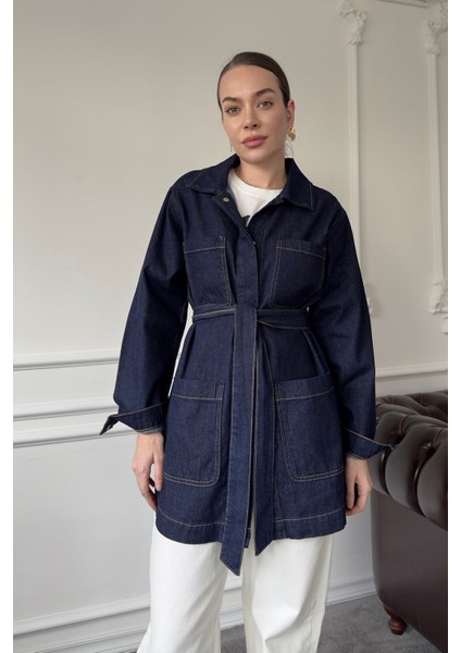 Dört Cepli Oversize Ceket- Mavi