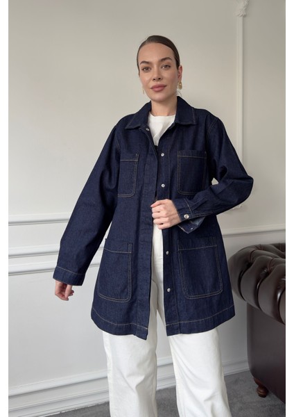 Dört Cepli Oversize Ceket- Mavi