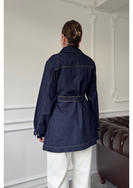 Dört Cepli Oversize Ceket- Mavi