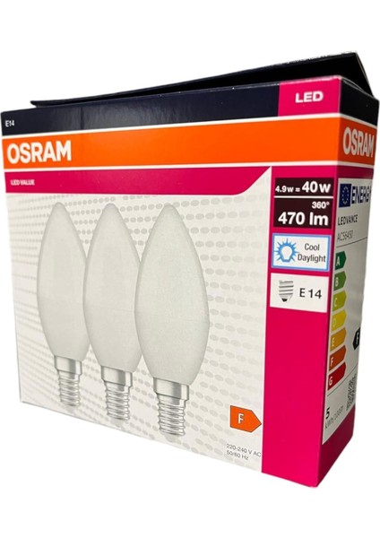 LED Value 4,9WATT (40 Watt) LED Klasik Mum Ampul Beyaz Işık E14 Duy 3 Lü Paket 470 Lümen