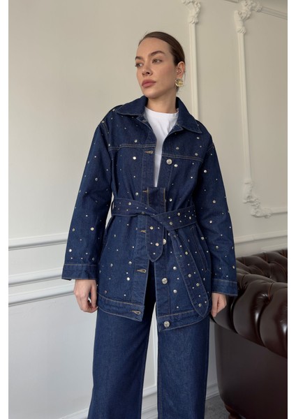 Beli Kuşaklı Denim Ceket- Mavi