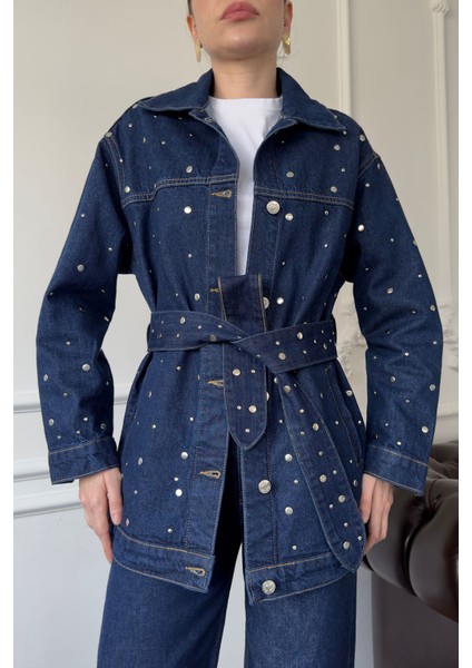 Beli Kuşaklı Denim Ceket- Mavi fiyatları