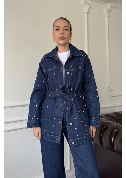 Beli Kuşaklı Denim Ceket- Mavi modelleri