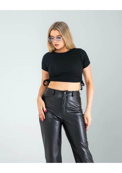 Siyah Yandan Büzgülü Crop fiyatları