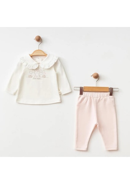 Kız Bebek Bebe Yaka Tavşan Baskılı Sweat ve Pantolon 2'li Takım