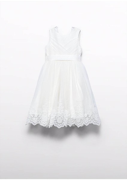 Yazlık Kız Çocuk Işlemeli Tül Elbise - Ekru fiyatları