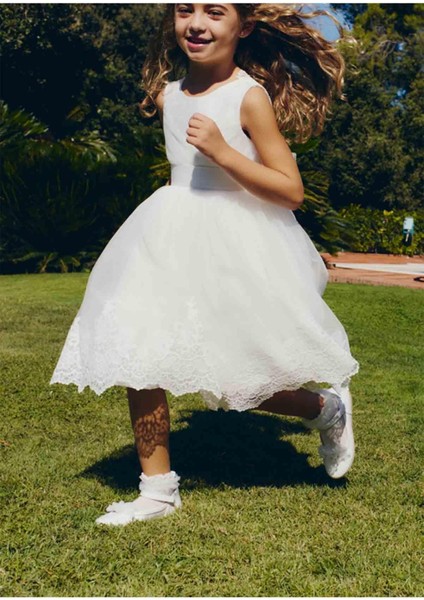 Yazlık Kız Çocuk Işlemeli Tül Elbise - Ekru modelleri