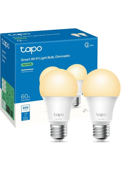 Tp-Link L510E(2-PACK), Ayarlanabilir Akıllı Wi-Fi Ampulü, 806 Lümen, E27 Duy, 8,3W, Enerji Tasarrufu, Amazon Alexa ve Google Home ile Çalışır, Kısılabilir Yumuşak Sıcak Beyaz, Hub Gerekmez