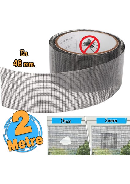 Yapışkanlı Sineklik Tülü Tamir Bandı Yırtık Kopmuş Delik Fiber Tül Yapıştırma Siyah 48 mm x 2 Metre