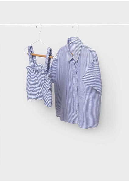 Yazlık Kız Çocuk Gömlek Bluz 2'li Set - Mavi