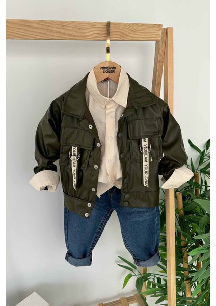 Deri Ceketli Erkek Çocuk Cep Detaylı Erkek Çocuk 3 lü takım - Haki