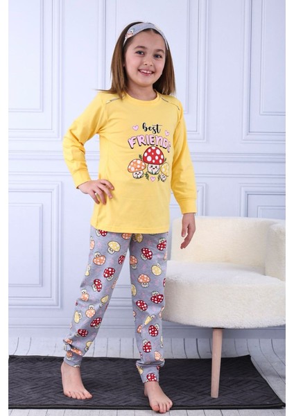 Kapip Sarı Mantar Baskılı Uzun Kollu Kız Çocuk Pijama Takımı 11-15 Yaş 8027-S