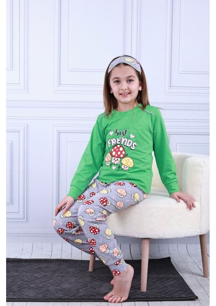 Kapip Yeşil Mantar Baskılı Uzun Kollu Kız Çocuk Pijama Takımı 11-15 Yaş 8027-Y