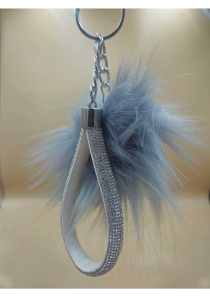 Gümüş Taşlı Tilki Tüyü Gri Angel Anahtarlık