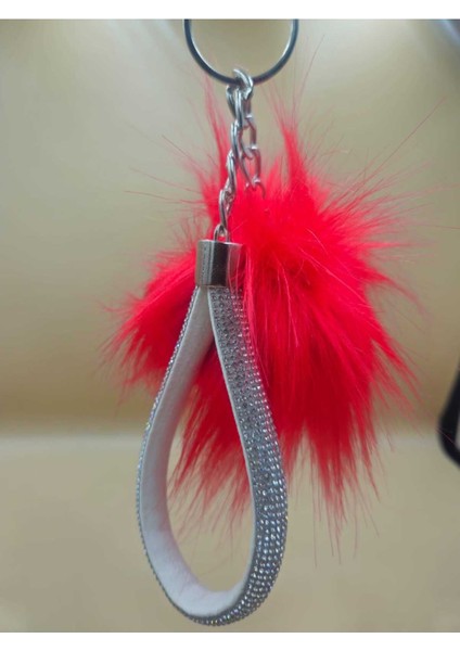 Gümüş Taşlı Tilki Tüyü Kırmızı Angel Anahtarlık