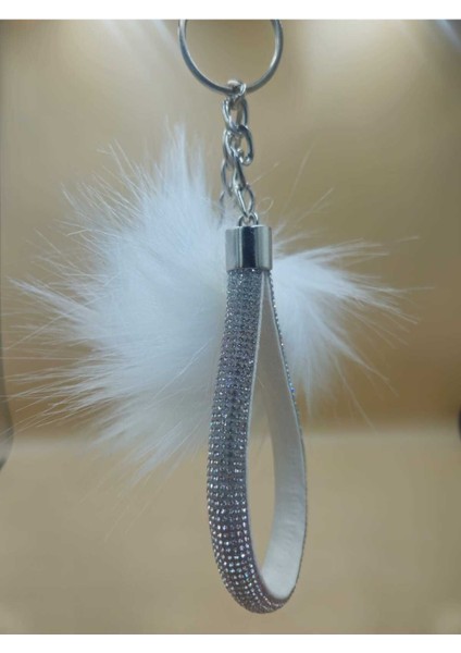 Gümüş Taşlı Tilki Tüyü Beyaz Angel Anahtarlık